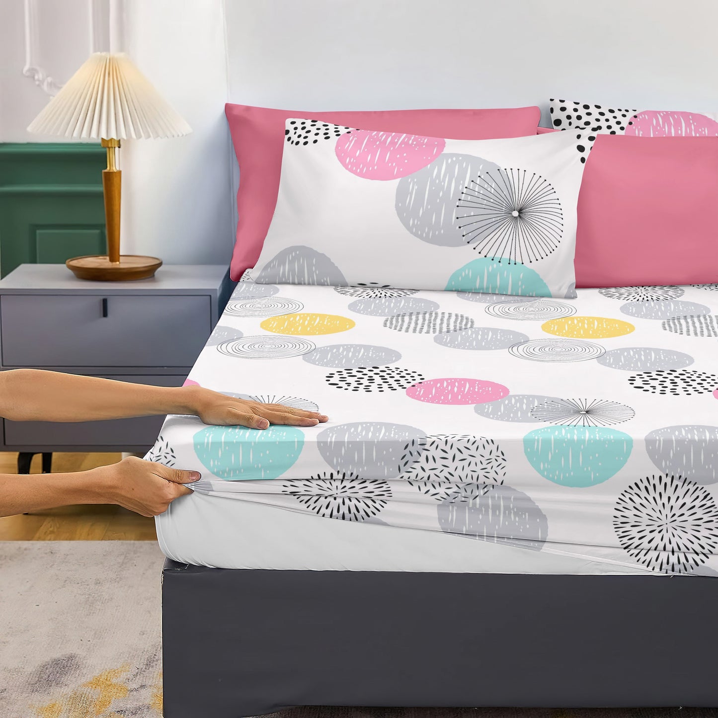 4/6 pcs Circle Printed Microfiber Bed Sheet Set 1/2 Solid Pillowcases + 1/2 Printed Pillowcases + 1 pc Flat Sheet + 1 pc Fitted Sheet (Deep Pocket 35cm/13.77inch) Suit For Bedroom Guest Room Hotel For All Season