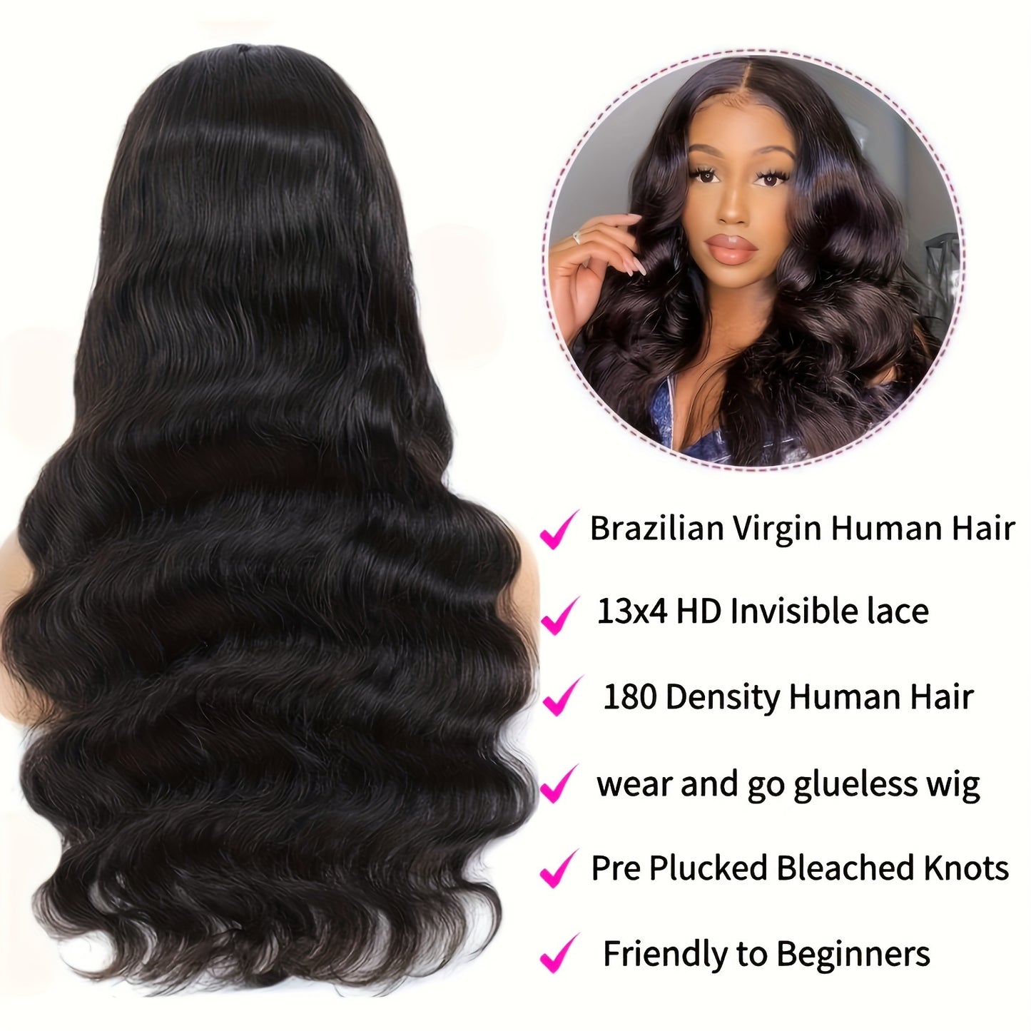 13x4 Brazilian Human Hair Wigs - Smooth Body Wave, Glueless & HD Lace Front - Pre-Cut, Pre-Plucked, 180% Density - Perfect for Beginners, Effortless Luxury Style