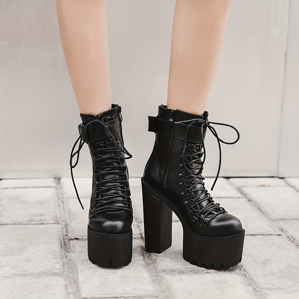 Women's Platform Chunky High Heel Ankle Boots, Black Buckle Strap Lace Up Side Zipper Motorcycle Boots, Punk Style Shoes