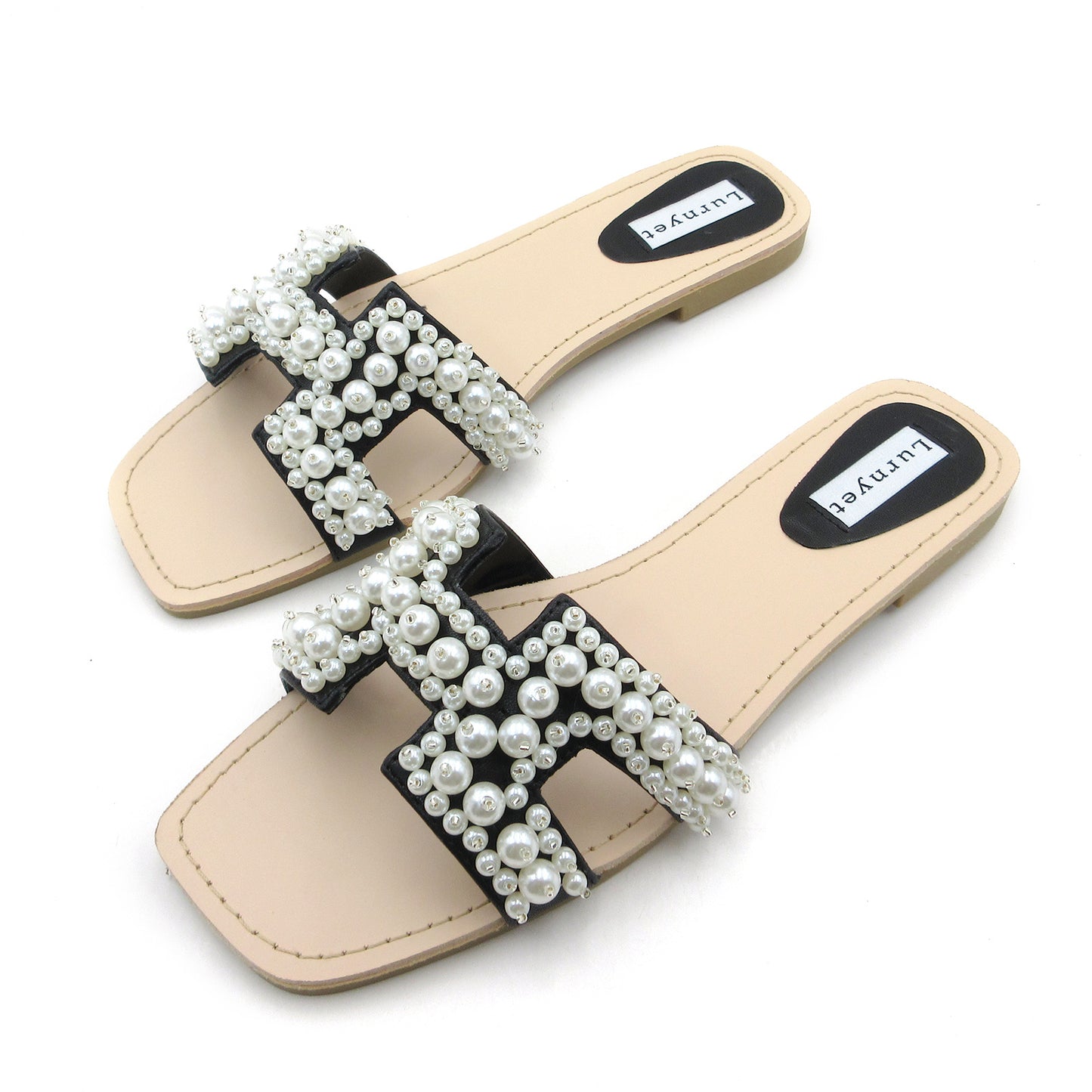 Lurnyet Women's Pearl Embellished Band Flat Sandal for Outdoor Casual