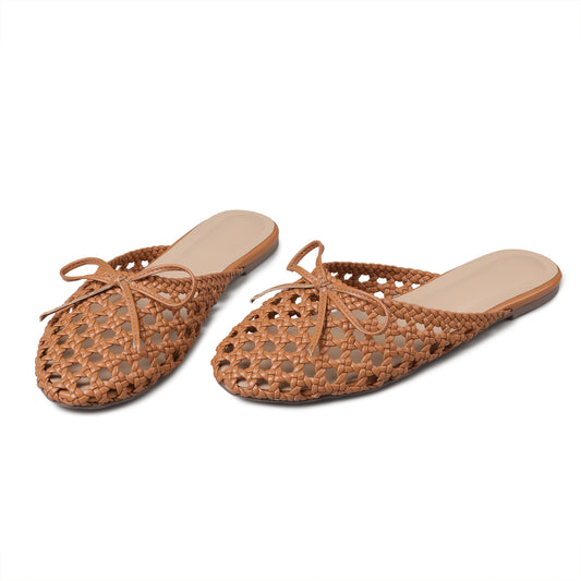 Trendy Womens Flat Sandals Round Toe Woven Design Decorative Bow Knot Slip On Flat Womens Muls for Party Work Office Outing Casual Sandal