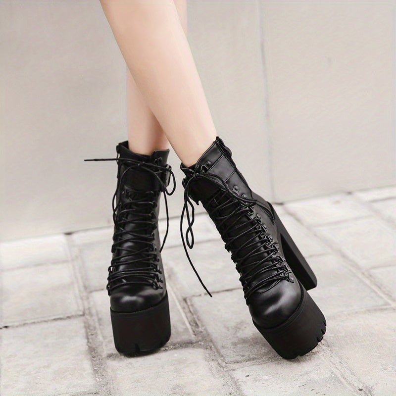 Women's Platform Chunky High Heel Ankle Boots, Black Buckle Strap Lace Up Side Zipper Motorcycle Boots, Punk Style Shoes