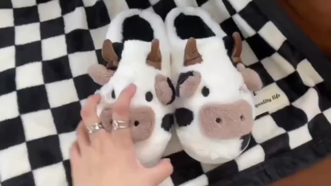 Adorable Cartoon Cow Plush Slippers for Women - Cozy Fabric Upper & PVC Sole, Soft Indoor Footwear with Fluffy White Trim, Cute Slippers