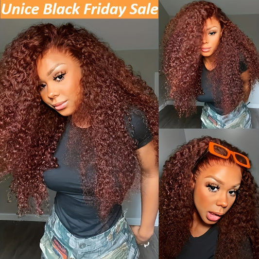 UNICE 24 inch Jerry Curly Reddish Brown Pre Plucked Pre Cut Lace Wig - 13x4 Ear to Ear Lace Front Wigs Human Hair Glueless Frontal Wig - Bleached Knots Put on and Go