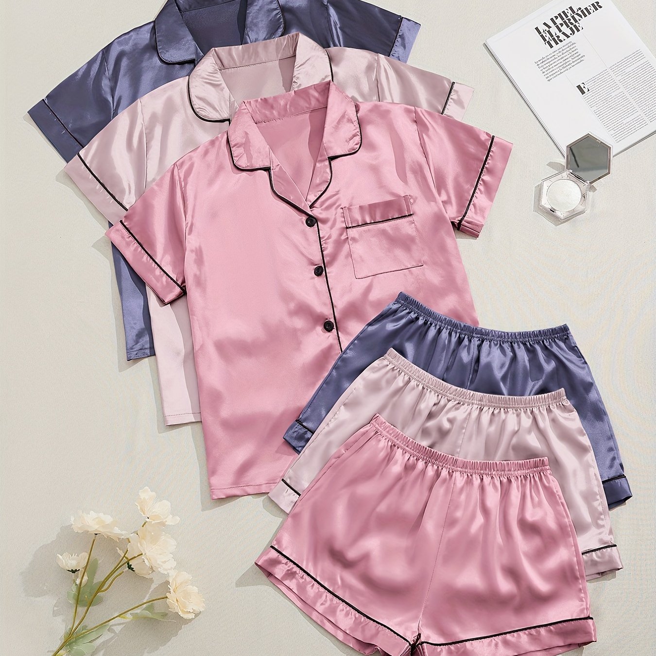 3 Sets of Luxurious Satin Pajama Sets - Soft Short Sleeve Lapel Tops, Elastic Waistband Shorts for Comfortable Women's Sleepwear and Loungewear - Perfect for Relaxation and Leisure Activities