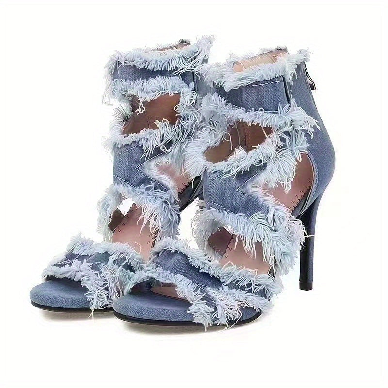 Women's Denim Cut-out High Heels, Peep Toe Back Zipper Stiletto Heels, Fashion Party Sandals