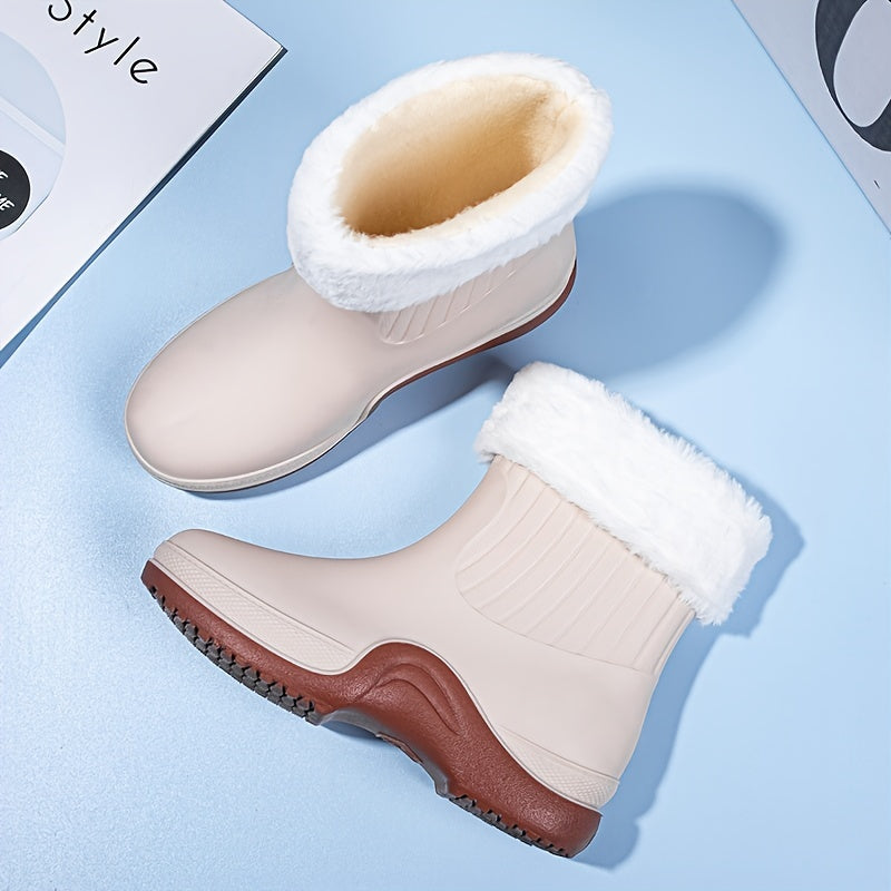 Women's Waterproof Mid Calf Boots, Fleece Liner Round Toe Platform Rain Boots, Women's Warm Plus Fashion Boots