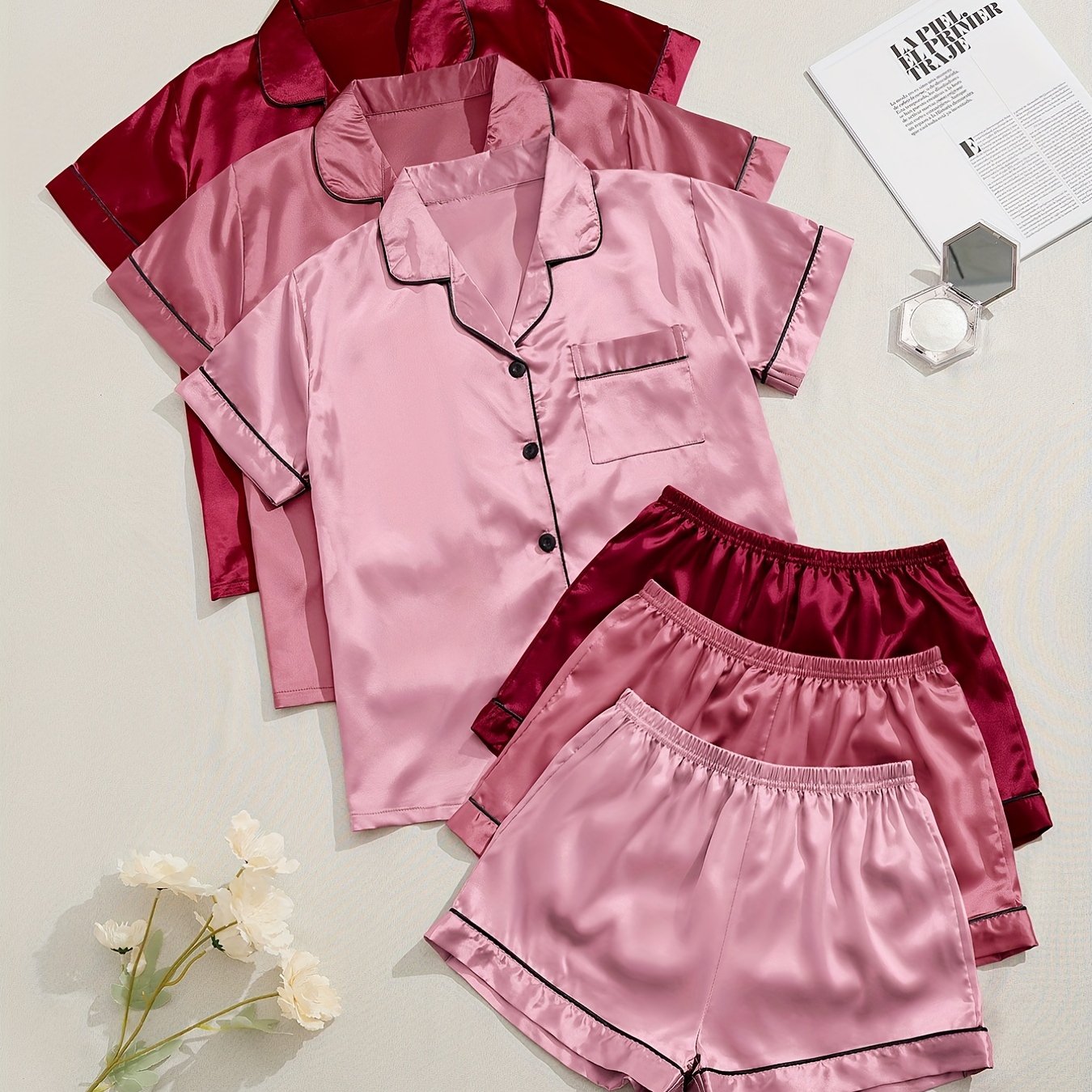 3 Sets of Luxurious Satin Pajama Sets - Soft Short Sleeve Lapel Tops, Elastic Waistband Shorts for Comfortable Women's Sleepwear and Loungewear - Perfect for Relaxation and Leisure Activities