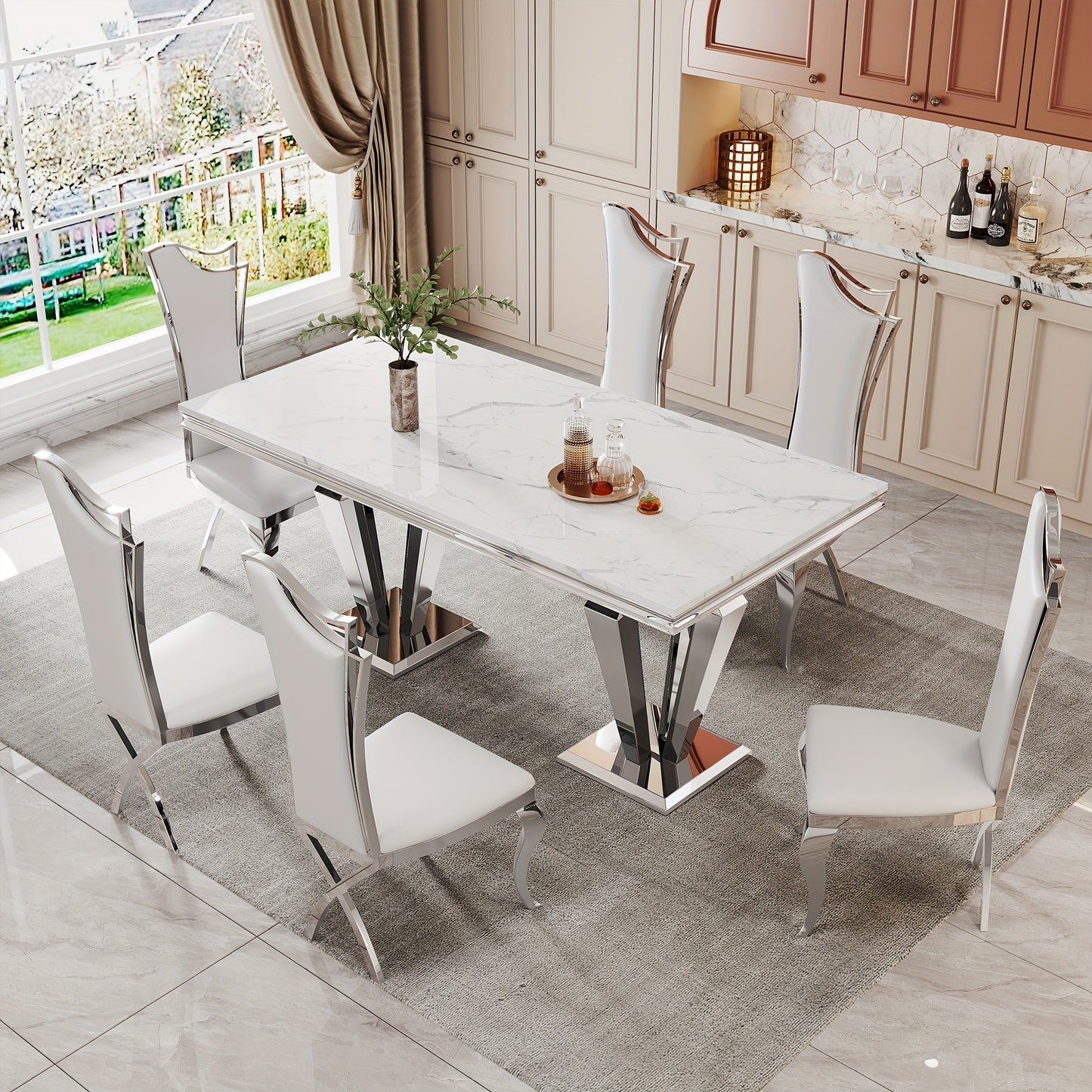 7-piece Table And Chair Set, Mid-century Modern Dining Table Set, Suitable For 6-8 People, Including A 70-inch Faux Marble Dining Table And 6 Leather Dining Chairs. Suitable For Restaurants, Kitchens, Hotel Restaurants.
