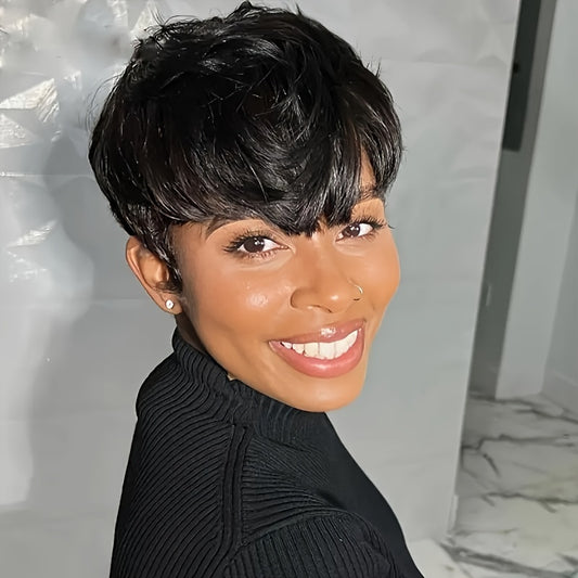 Elegant Natural Black Straight Bob Wig with Side Bangs for Women - 150% Density, Glueless Human Hair, Machine Made, Brazilian Virgin Hair