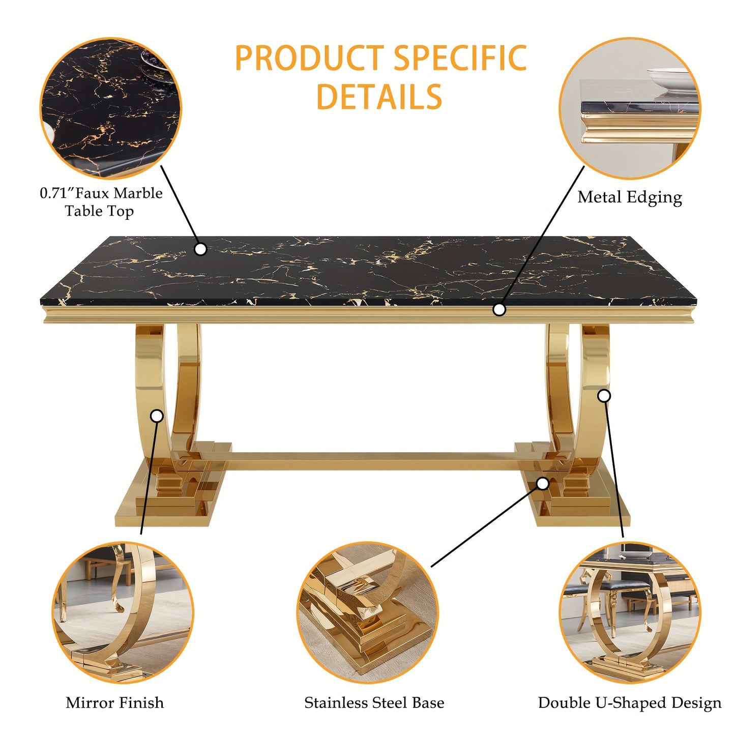 7-piece Luxury Dining Table And Chair Set, 70-inch Faux Marble Table With 6 Leather Chairs | Modern Dining Table Set For Kitchen, Restaurant And Hotel