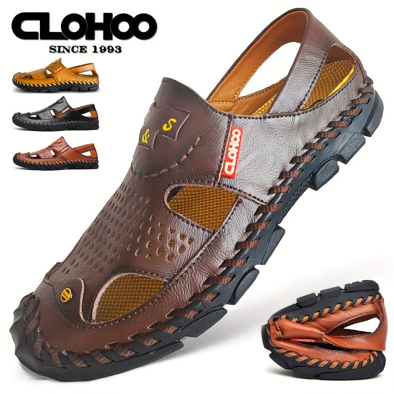 CLOHOO Mens Round Toe Sandals - Durable Handmade Stitching, Non-Slip Rubber Sole, Comfortable PU Insole, Breathable Fabric Lining, Second Layer Cowhide Upper, Slip-On Closure, Perfect for Indoor, Outdoor, Beach, Vacation, Spr