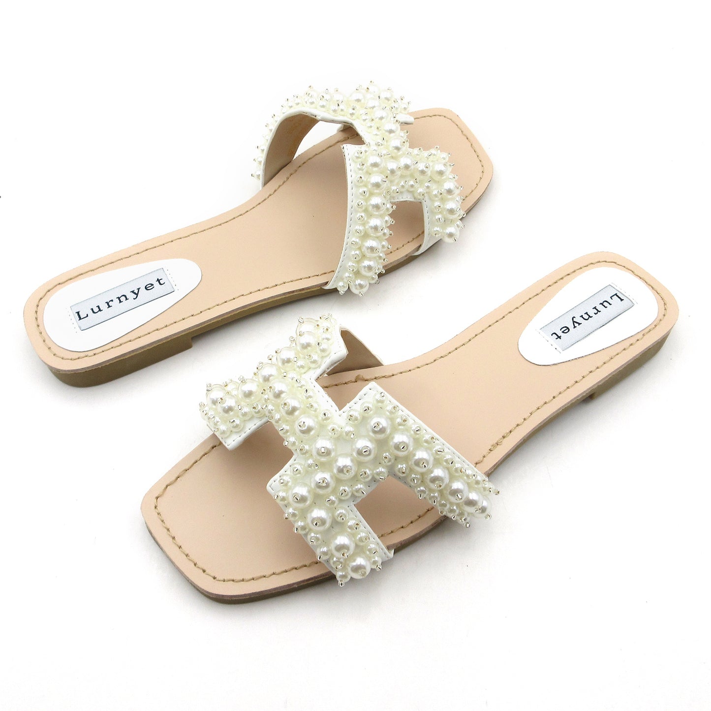 Lurnyet Women's Pearl Embellished Band Flat Sandal for Outdoor Casual