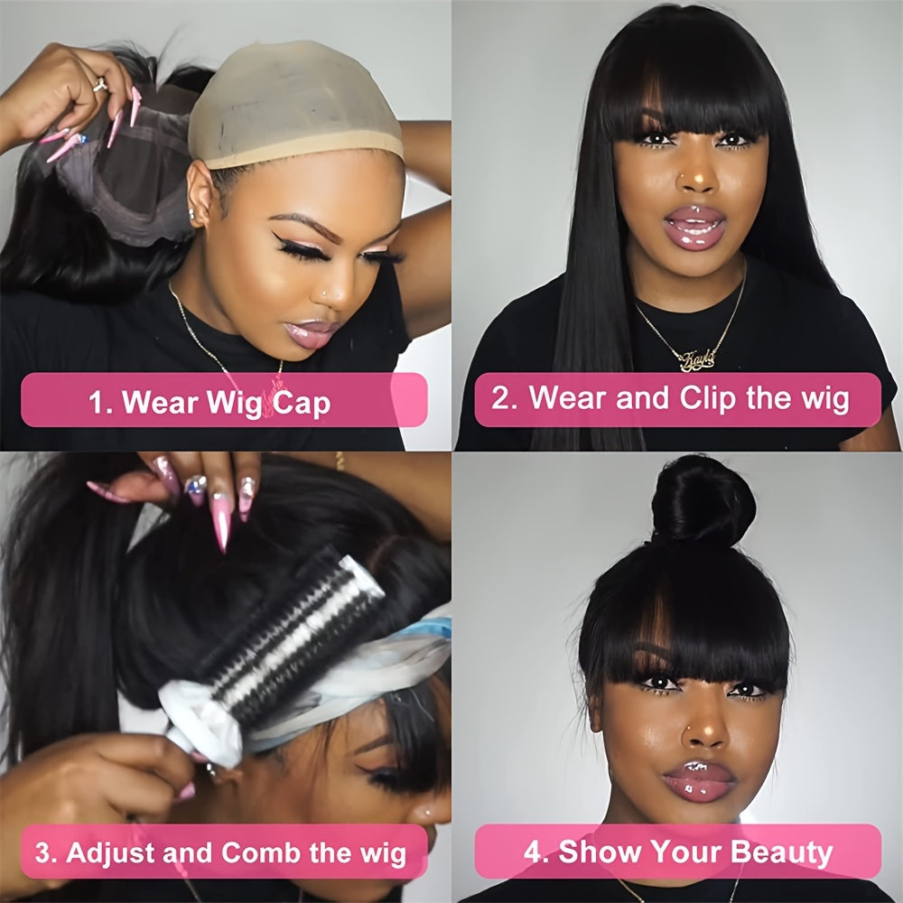 Straight Human Hair Wigs With Bangs None Lace Front Wigs 180% Density Brazilian Virgin Human Hair Glueless Machine Made Wigs For Black Women Natural Color