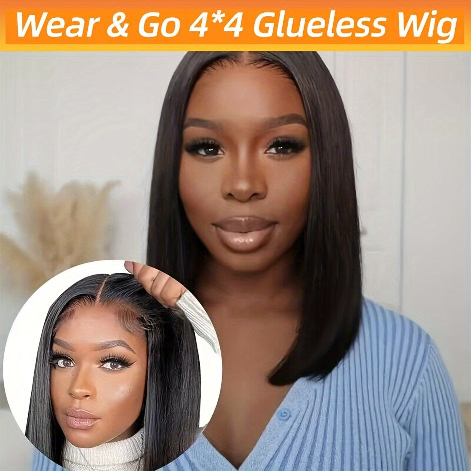 Wear and Go Glueless Bob Wig Human Hair Straight 4x4 Pre-Cut HD Lace Glueless Wigs Pre-Plucked Transparent Lace Front Closure Wigs for Women 200% Density