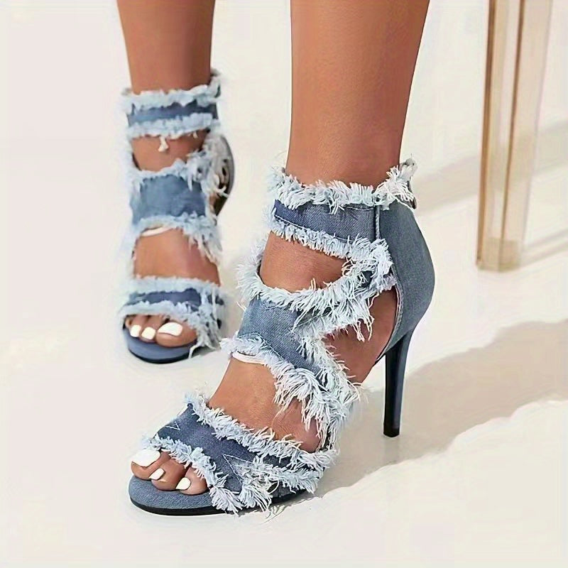 Women's Denim Cut-out High Heels, Peep Toe Back Zipper Stiletto Heels, Fashion Party Sandals