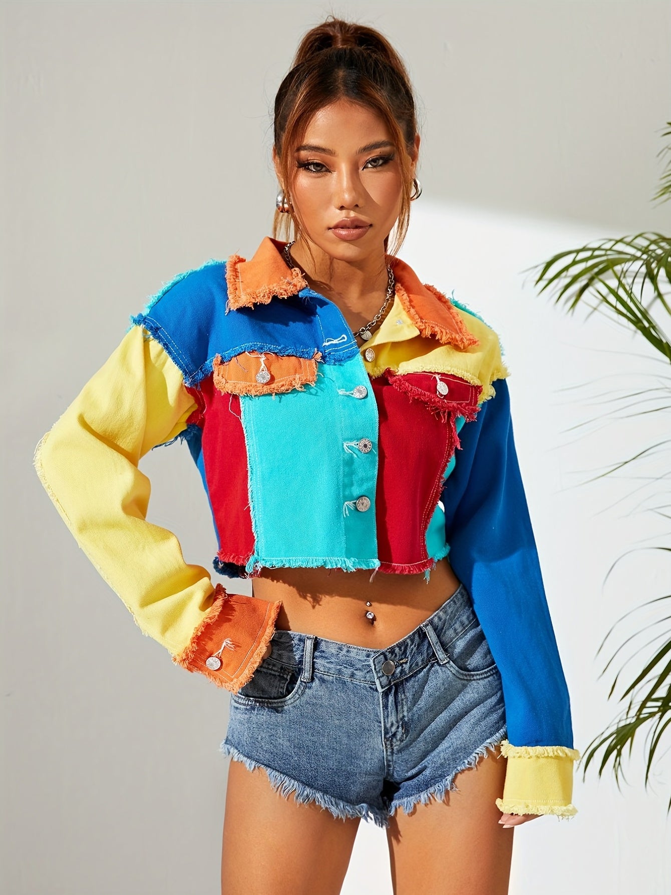 Women's Colorblock Raw Hem Denim Jacket - Street Style Lapel Coat with Long Sleeves and Patchwork Design