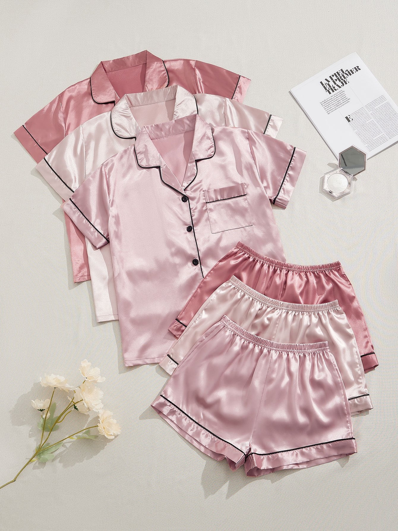 3 Sets of Luxurious Satin Pajama Sets - Soft Short Sleeve Lapel Tops, Elastic Waistband Shorts for Comfortable Women's Sleepwear and Loungewear - Perfect for Relaxation and Leisure Activities