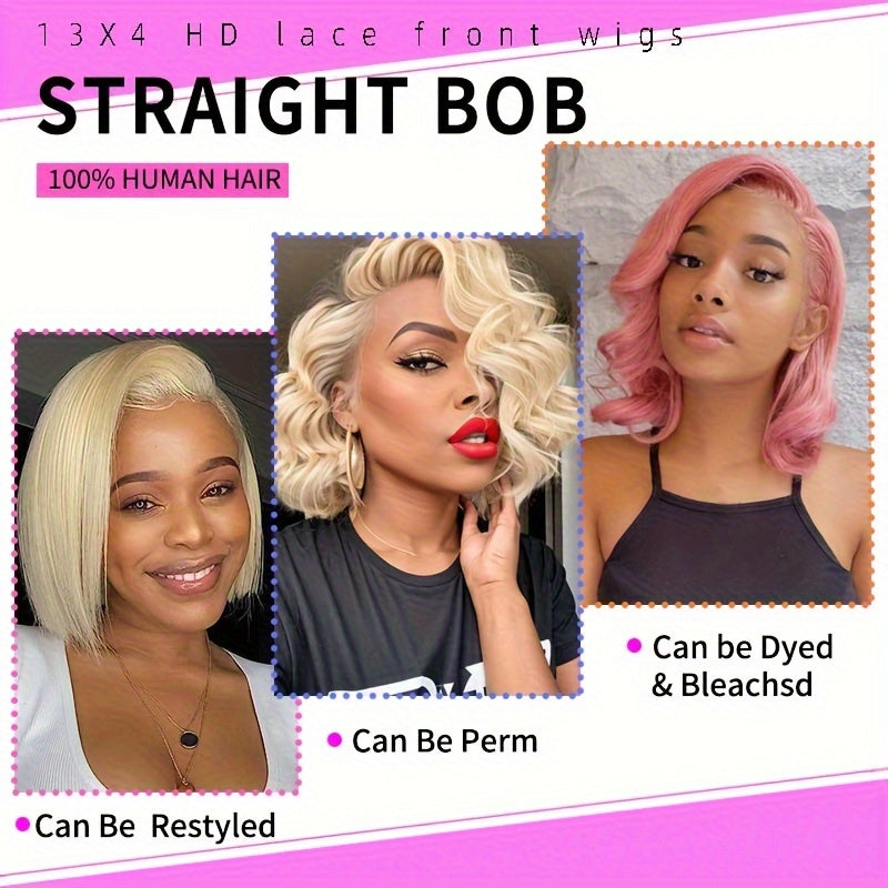 180% Density 613 Blonde Short Bob Wig Human Hair 13x4 HD Lace Front Wigs 10A Brazilian Straight Short Bob Wigs For Women Pre-plucked Natural Hairline Wig with Baby Hair