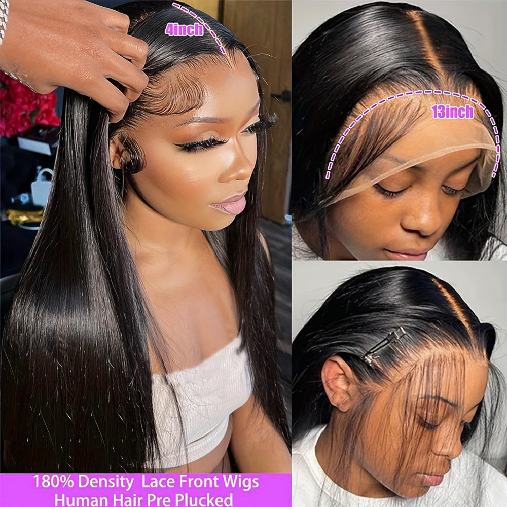 180% Density Brazilian Human Hair Straight Lace Front Wig - Ultra-Realistic & Pre-Plucked with Lush Baby Hair - Full 13x4 Coverage for Women - Timeless Black