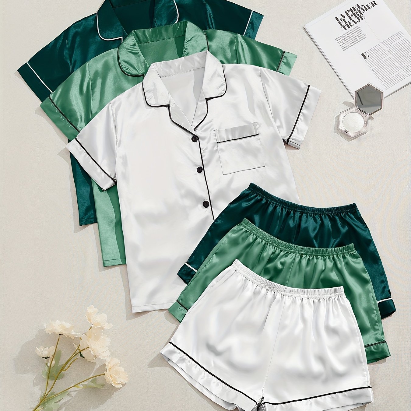 3 Sets of Luxurious Satin Pajama Sets - Soft Short Sleeve Lapel Tops, Elastic Waistband Shorts for Comfortable Women's Sleepwear and Loungewear - Perfect for Relaxation and Leisure Activities