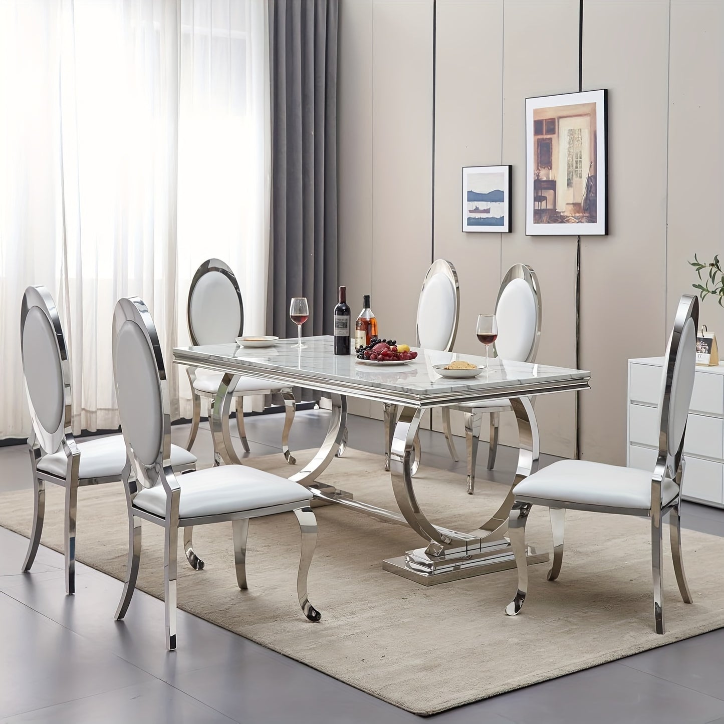 7-piece Luxury Dining Table And Chair Set, 70-inch Faux Marble Table With 6 Leather Chairs | Modern Dining Table Set For Kitchen, Restaurant And Hotel