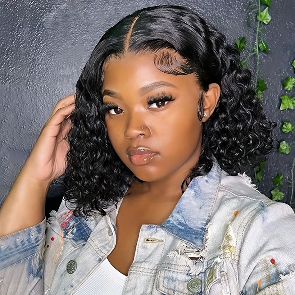 Glamorous Deep Wave Brazilian Human Hair Wig for Women - Glueless 4x4 Transparent Lace Frontal, Pre-Plucked, Free Part, 150% Density, Natural Black