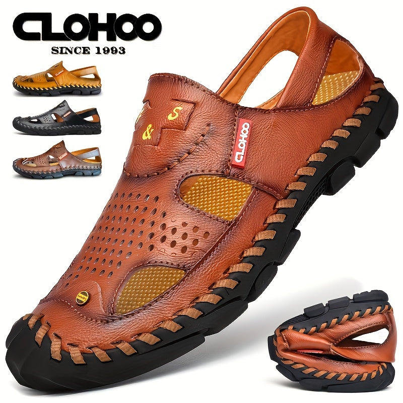 CLOHOO Mens Round Toe Sandals - Durable Handmade Stitching, Non-Slip Rubber Sole, Comfortable PU Insole, Breathable Fabric Lining, Second Layer Cowhide Upper, Slip-On Closure, Perfect for Indoor, Outdoor, Beach, Vacation, Spr