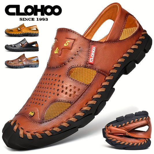 CLOHOO Mens Round Toe Sandals - Durable Handmade Stitching, Non-Slip Rubber Sole, Comfortable PU Insole, Breathable Fabric Lining, Second Layer Cowhide Upper, Slip-On Closure, Perfect for Indoor, Outdoor, Beach, Vacation, Spr