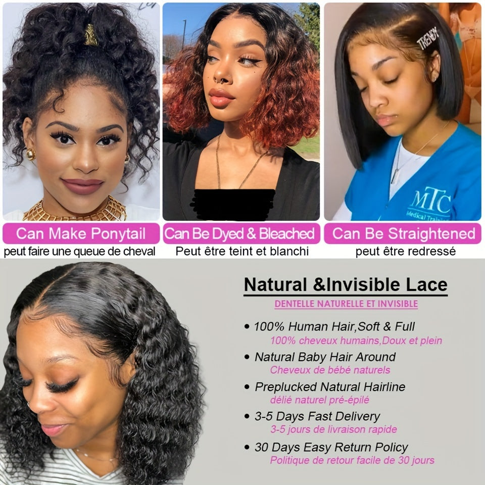 Brazilian Hair Deep Wave Lace Front Wig Transparent Lace Human Hair Wigs for Women Pre Plucked 4x4 Closure Short Bob Wig Natural Color 180% Density