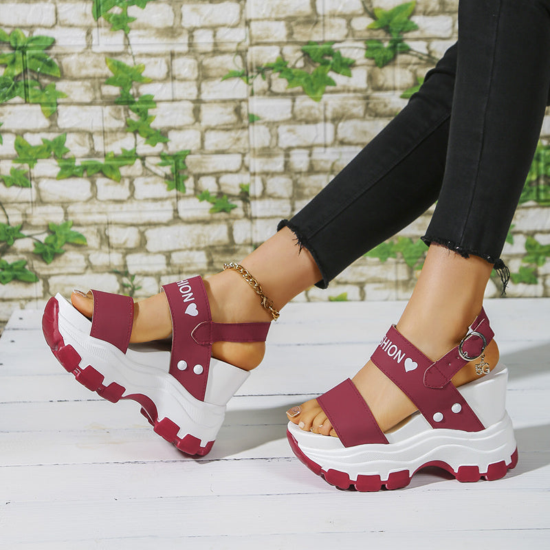 Casual Elegance Open-Toe Wedge Sandals, Solid Color with Strappy Back & Metal Buckle, Comfortable Platform Heel Fashion Footwear for Women