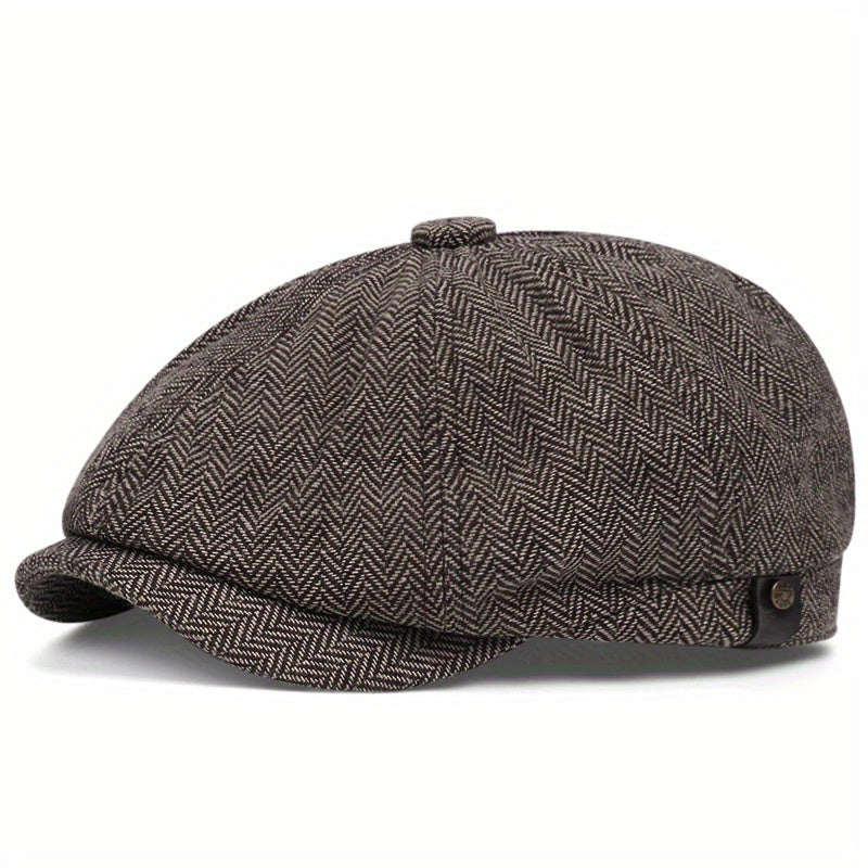 Men&Apos;S Retro Herringbone Flat Cap - Black Casual Beret with Vintage Style, Knitted Polyester, Perfect for Valentine&Apos;S Day, Everyday Headwear | Vintage Flat Cap | Knitted Texture