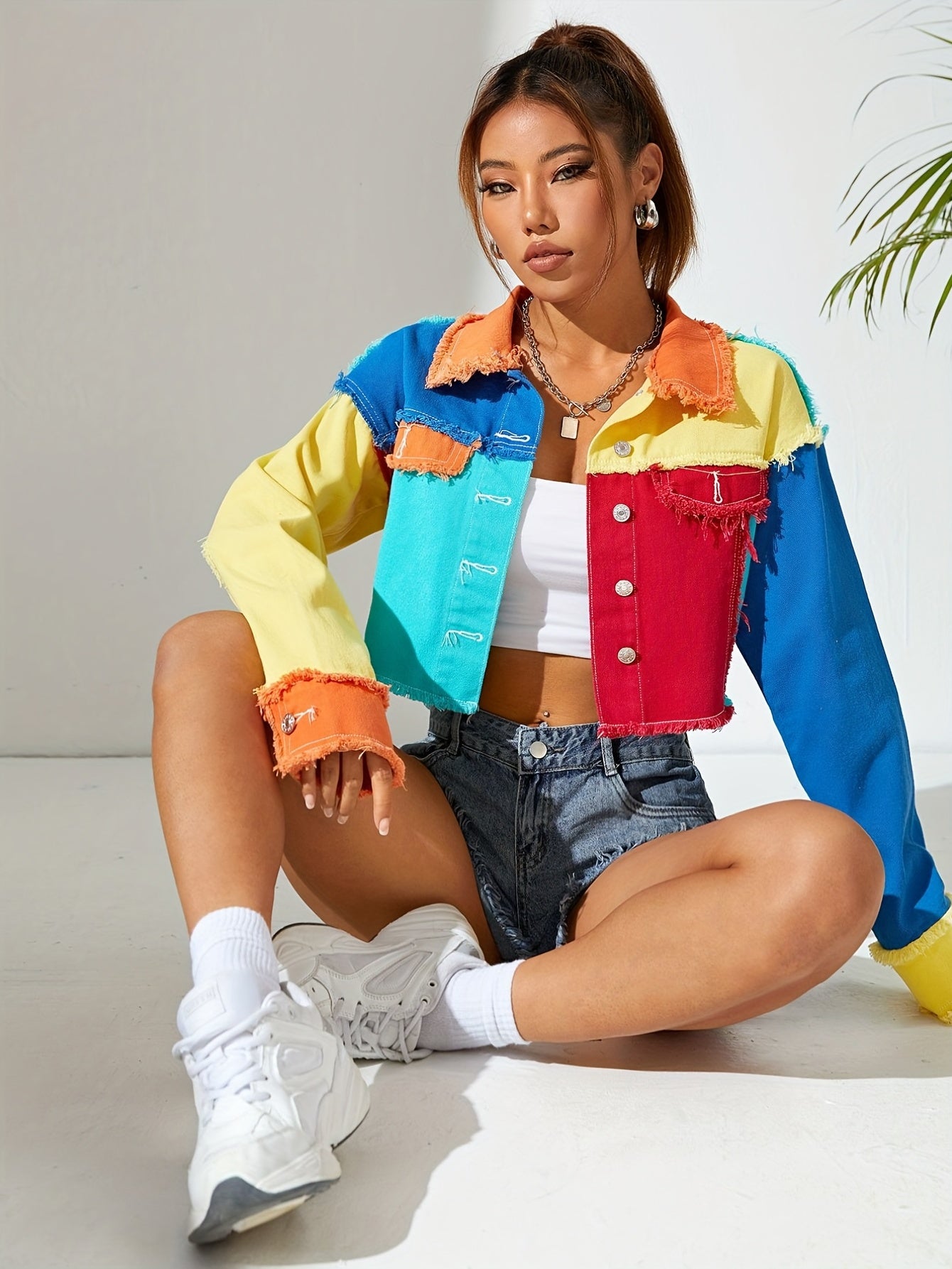 Women's Colorblock Raw Hem Denim Jacket - Street Style Lapel Coat with Long Sleeves and Patchwork Design