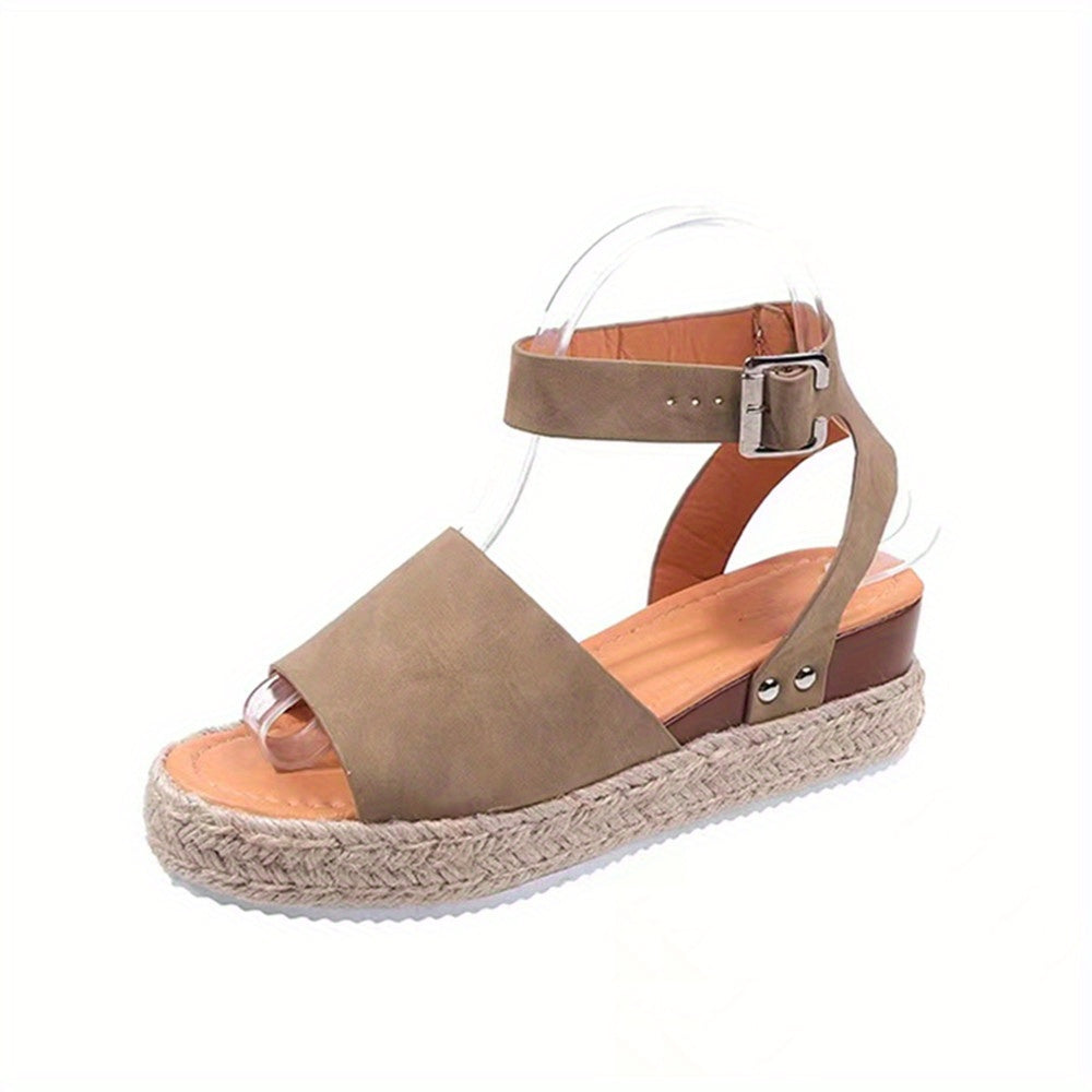 Mid Heel Platform Espadrille Sandals - Buckle Ankle Strap, Open Toe, Lightweight, Non Slip, Faux Leather Upper, PU Sole, Comfortable, Casual, Solid Color, Summer Shoes for Women