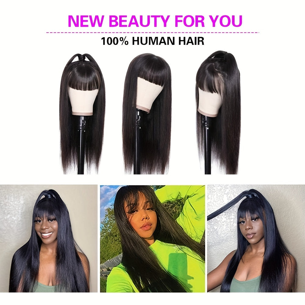Straight Human Hair Wigs With Bangs None Lace Front Wigs 180% Density Brazilian Virgin Human Hair Glueless Machine Made Wigs For Black Women Natural Color