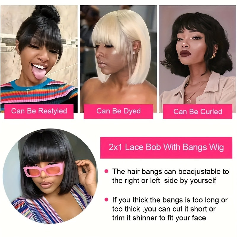 Women's Glueless Bob Wig with Bangs - Natural Black Human Hair, 150% Density (2x1 Ratio), Brazilian Hair, No Glue Needed, Adjustable Bangs & Pre-Plucked Front with Baby Hair, Everyday & Special Occasion Hairstyle - Suitable f