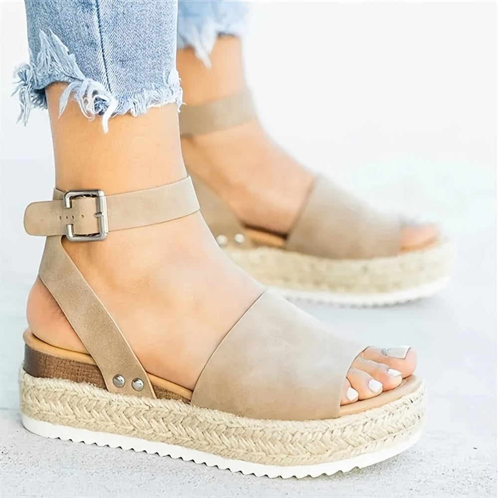 Mid Heel Platform Espadrille Sandals - Buckle Ankle Strap, Open Toe, Lightweight, Non Slip, Faux Leather Upper, PU Sole, Comfortable, Casual, Solid Color, Summer Shoes for Women