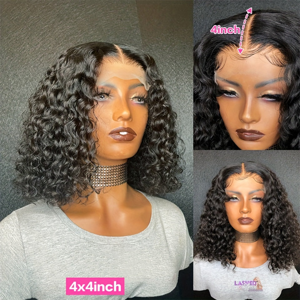 Brazilian Hair Deep Wave Lace Front Wig Transparent Lace Human Hair Wigs for Women Pre Plucked 4x4 Closure Short Bob Wig Natural Color 180% Density