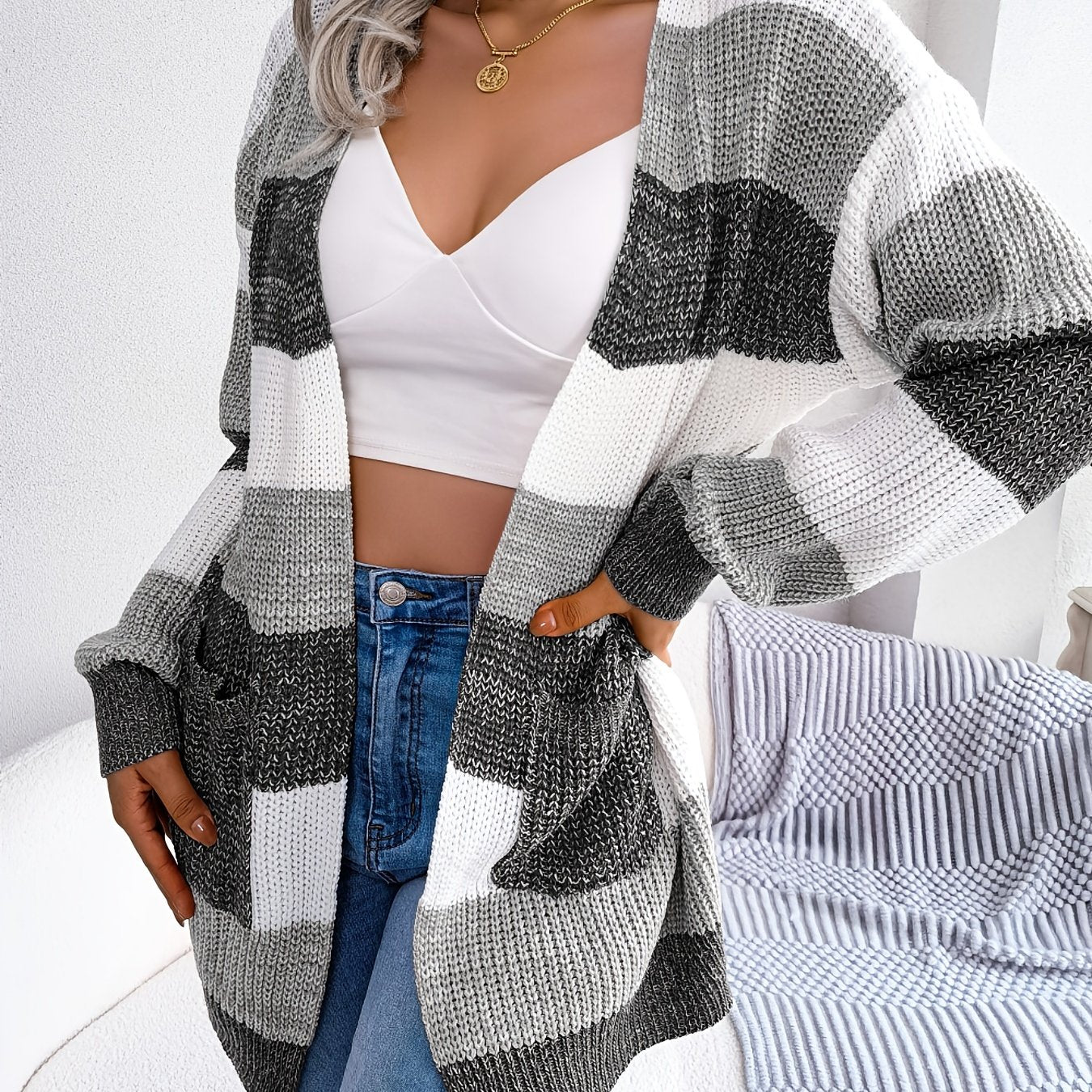 Cozy Striped Colorblock V-neck Cardigan - Super-soft Knit, Loose Fit, Dropped Shoulder - Trendy Womens Winter Wear for Casual Chic