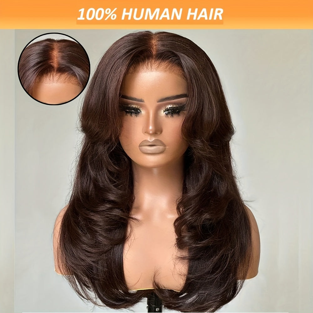 Basics Style Unisex-Adult Body Wave Lace Wig | Pre-Plucked 4x4 Transparent Swiss Lace | 180% Density Brazilian Human Hair | Long Layered Wavy Wig with Curtain Bangs | Suitable for All - 28 Inch