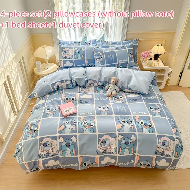 Back to School Stitch-Theme 4pcs Bedding Set (No Pillow Core And Quilt Core)- Available for All Seasons, Kawaii Comfortable Pillowcases, Duvet Cover, Bed Sheet, Dorm & Travel Supplies, Christmas Birthday Halloween New Year Mo
