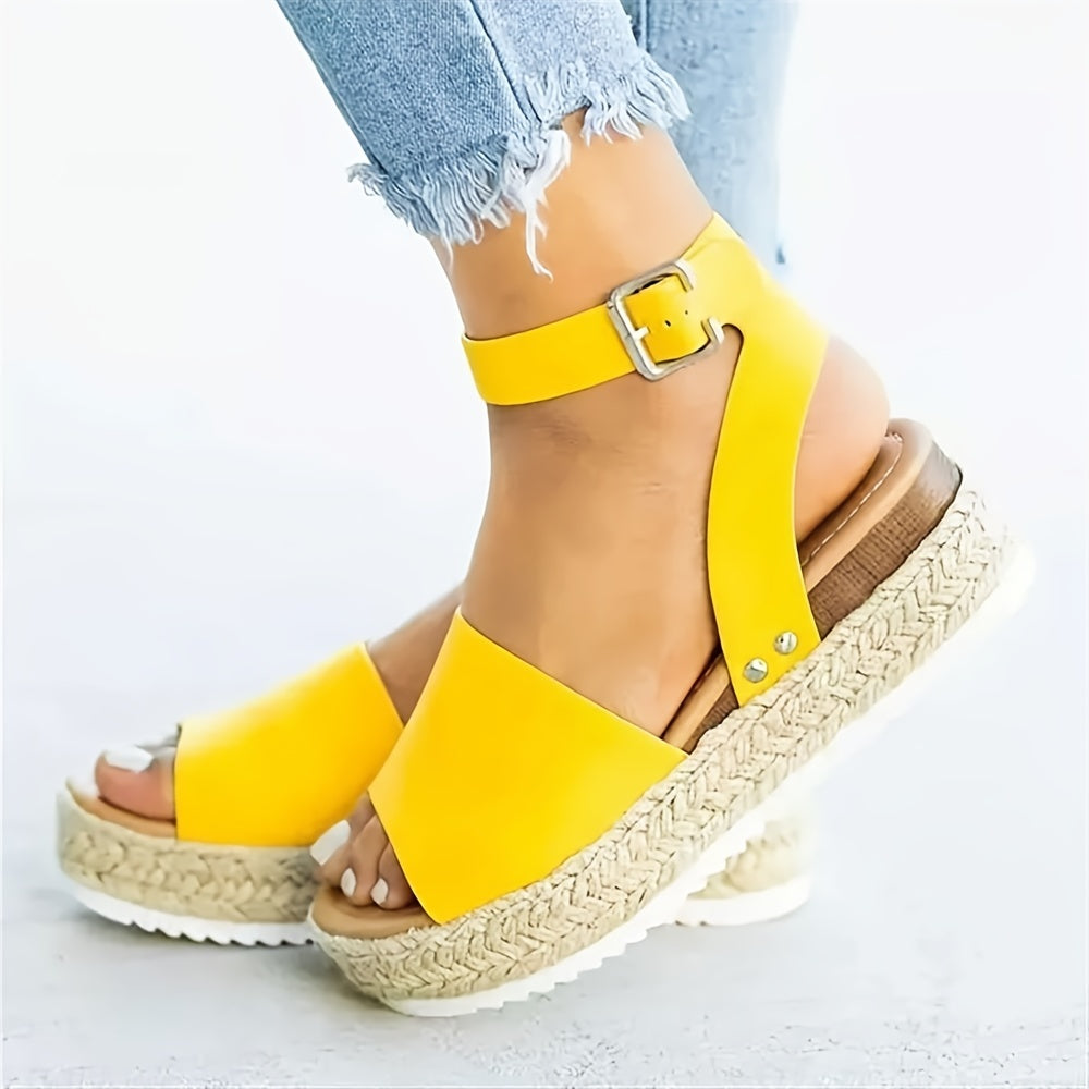 Mid Heel Platform Espadrille Sandals - Buckle Ankle Strap, Open Toe, Lightweight, Non Slip, Faux Leather Upper, PU Sole, Comfortable, Casual, Solid Color, Summer Shoes for Women