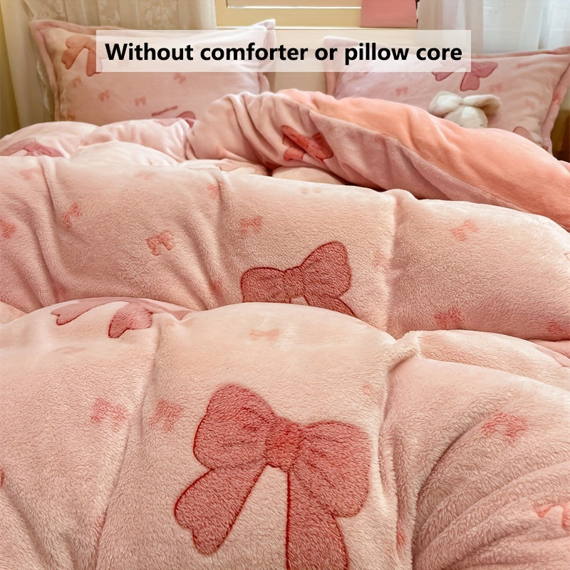 3pcs autumn and winter thickened double-sided warm velvet love, butterfly, bow, gravure pattern snowflake velvet kit, (1 quilt cover, 2 pillowcases, no bed sheet, quilt and pillow), bedding, very suitable for bedroom and dorm