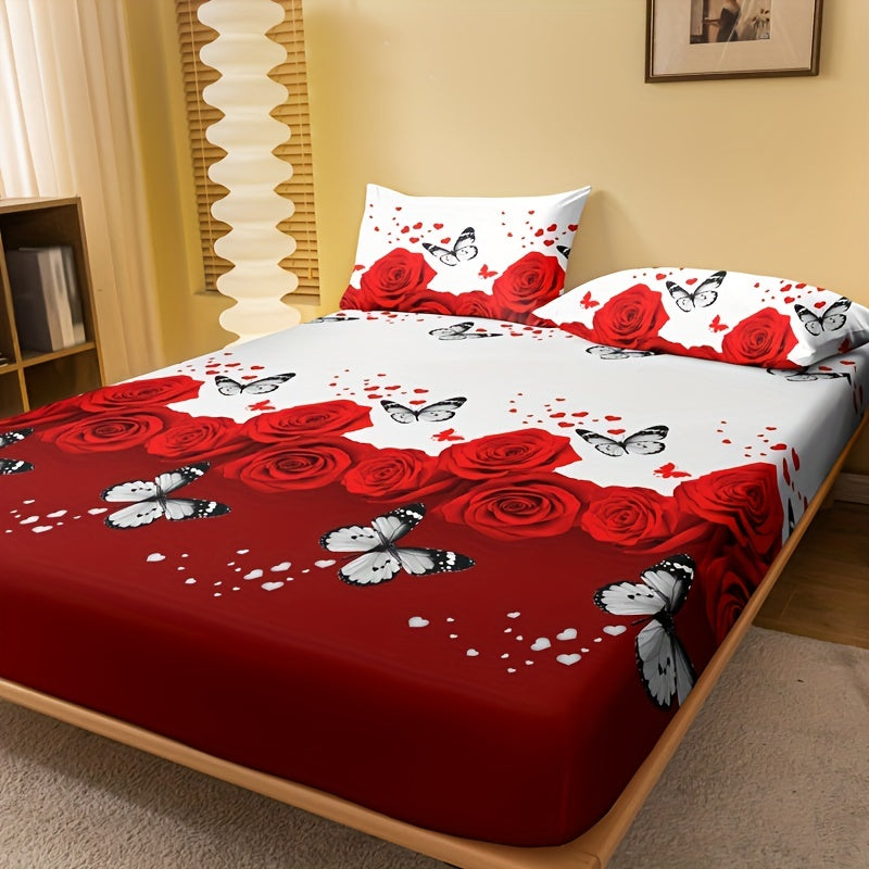 1pc Brushed Fitted Sheet (Without Pillowcase), Soft Comfortable Butterfly Red Rose Print Bedding Mattress Protector, For Bedroom, Guest Room, With Deep Pocket, Fitted Bed Sheet Only