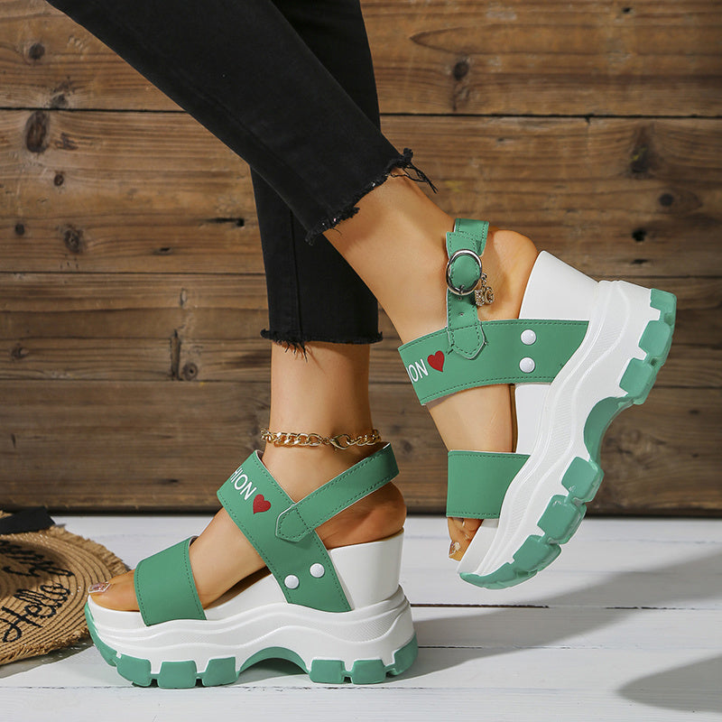 Casual Elegance Open-Toe Wedge Sandals, Solid Color with Strappy Back & Metal Buckle, Comfortable Platform Heel Fashion Footwear for Women