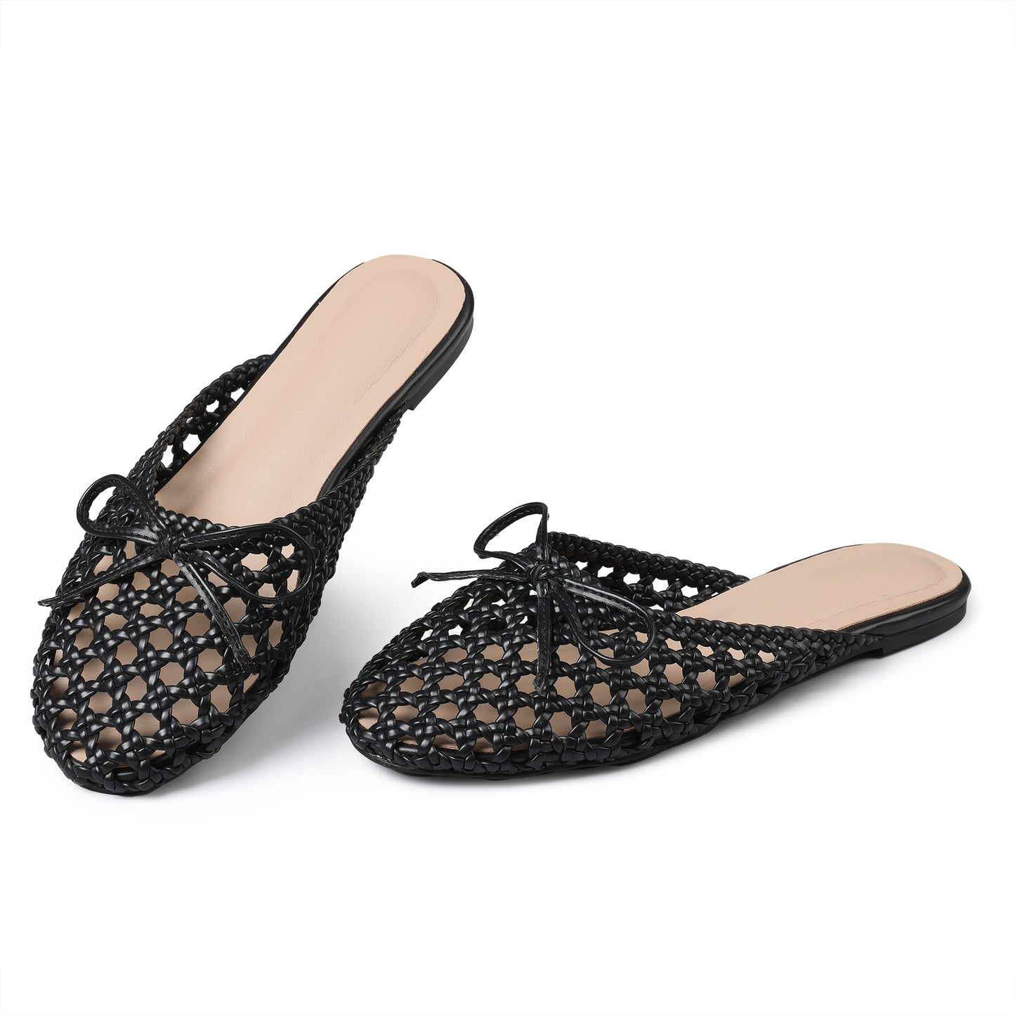 Trendy Womens Flat Sandals Round Toe Woven Design Decorative Bow Knot Slip On Flat Womens Muls for Party Work Office Outing Casual Sandal