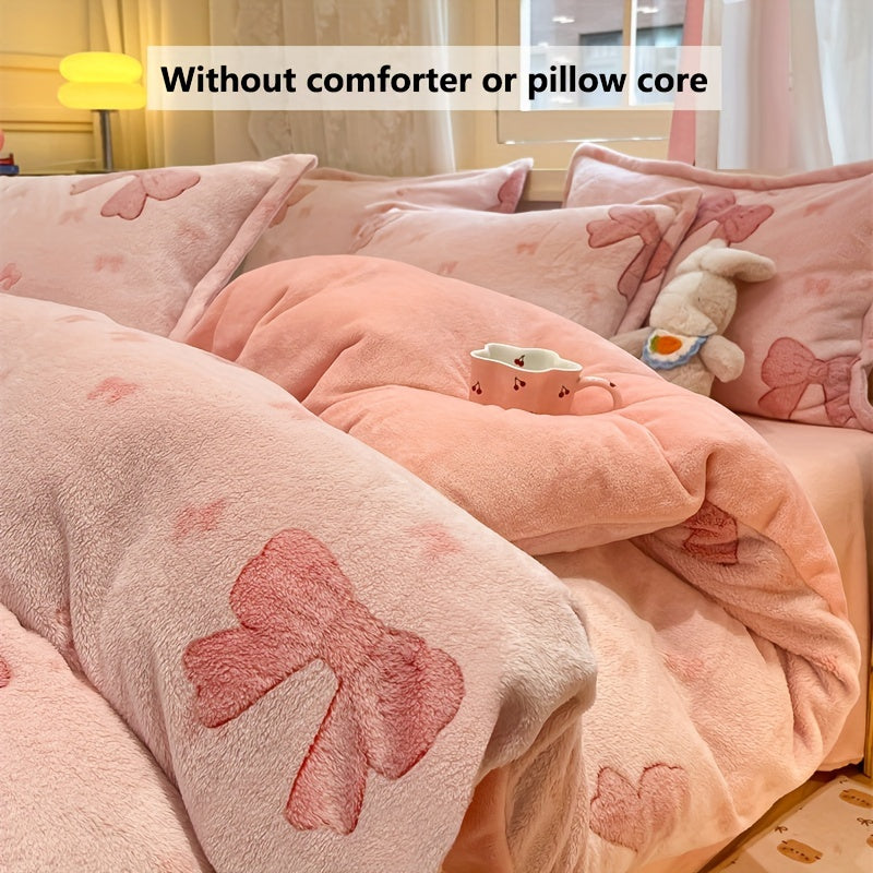 3pcs autumn and winter thickened double-sided warm velvet love, butterfly, bow, gravure pattern snowflake velvet kit, (1 quilt cover, 2 pillowcases, no bed sheet, quilt and pillow), bedding, very suitable for bedroom and dorm