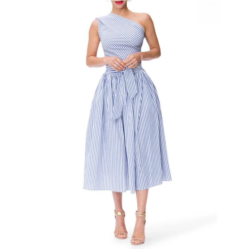 Women's Summer One Shoulder Striped Midi Dress Elegant Tie Waist Bodycon Dresses With Pockets