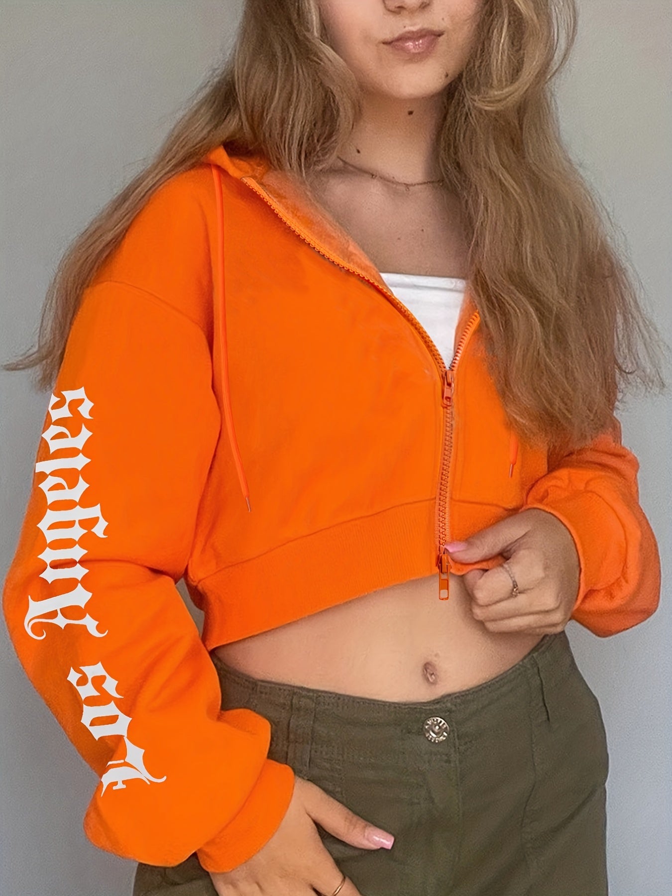 Women's Bright Orange Hooded Zip-Up Jacket with "SOMETHING for JUDY" Back Print - YOUNG Style Mid-Stretch Machine-Washable Spring/Fall Outerwear