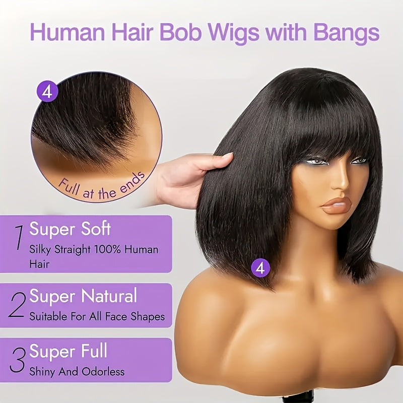 Women's Glueless Bob Wig with Bangs - Natural Black Human Hair, 150% Density (2x1 Ratio), Brazilian Hair, No Glue Needed, Adjustable Bangs & Pre-Plucked Front with Baby Hair, Everyday & Special Occasion Hairstyle - Suitable f
